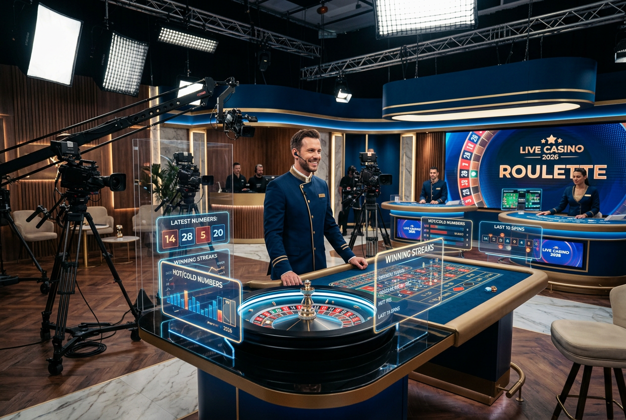 A high-end 4K live dealer casino studio with interactive digital elements.