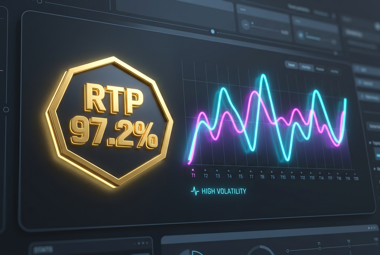 Infographic-style 3D visualization of RTP and volatility metrics.