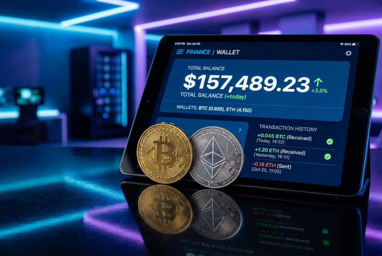 Monety kryptowalut i nowoczesny tablet z interfejsem portfela cyfrowego.